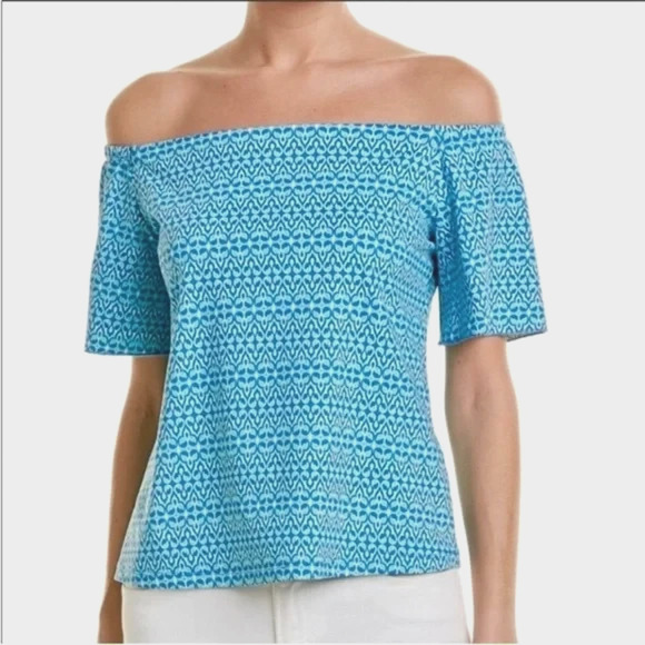 J. McLaughlin Tops - J. McLaughlin Catalina Cloth Off Shoulder Top Size XS Blue Stretch Short Sleeves